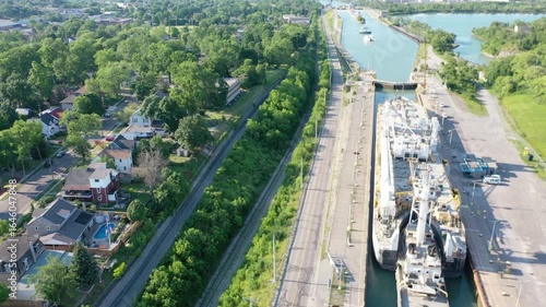 Aerial view of ships in the welland canal, a vital transportation waterway