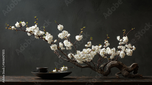 A dramatic still life of a blooming cherry blossom branch with a tea set on a dark background