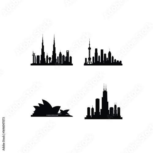 World city skyline silhouette isolated on white background featuring dubai, shanghai, sydney and chicago for travel, tourism, architecture and business