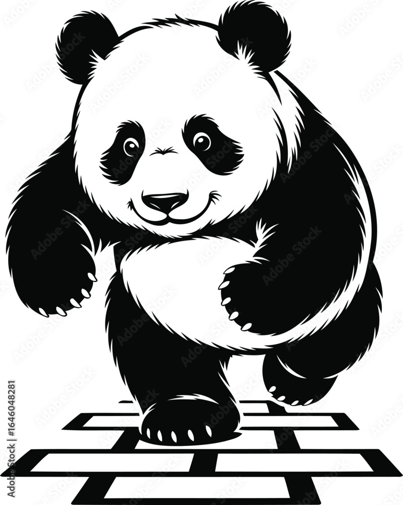 Obraz premium Panda Playing Hopscotch, Black Silhouette Vector, Transparent Background.