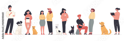 Diverse group of people standing with various dog breeds in flat minimalist vector style showing pet ownership and companionship