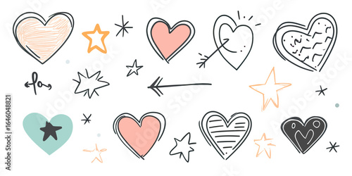 Hand-drawn doodle hearts and stars set with arrows and sparkle decorations in simple sketch line style and pastel colors vector illustration