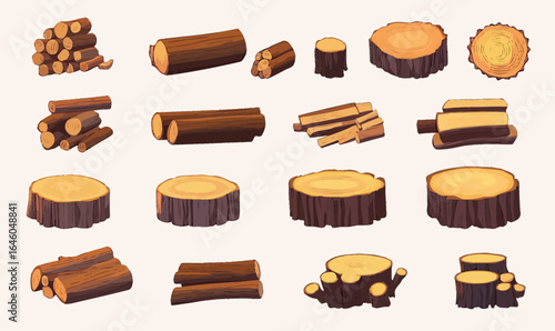 Cartoon wooden logs tree trunk planks stump firewood cut timber lumber stack flat vector illustration set of raw natural wood pieces and oak rings in minimalist style