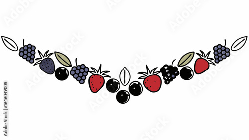 Berries Garland with Strawberries, Grapes, Blackberries and Leaves on White