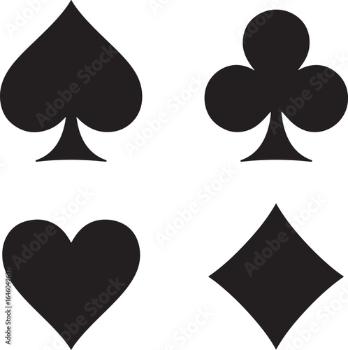 Four black card suits spades clubs hearts diamonds isolated silhouette