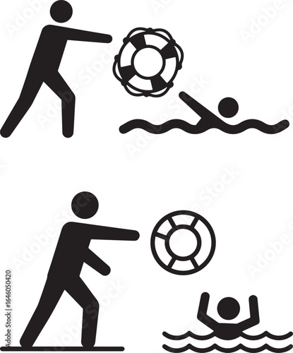 Lifeguard throwing life preserver to swimmer in distress silhouette