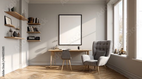 Interior workspace mockup with desk, chair, armchair, window and shelves, bright. Ideal for design
