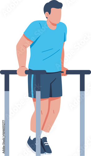 A man in athletic wear performing dips on parallel bars, exercising for fitness.