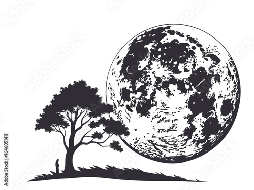 Silhouette of an Isolated Full Moon with Craters on White Background