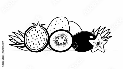 Black and White Tropical Fruits Composition with Dragonfruit, Kiwi, Starfruit