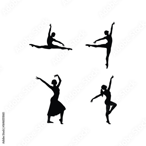 Silhouette of various ballet dance poses isolated on white background, showcasing elegant figures in motion and artistic expression of dance