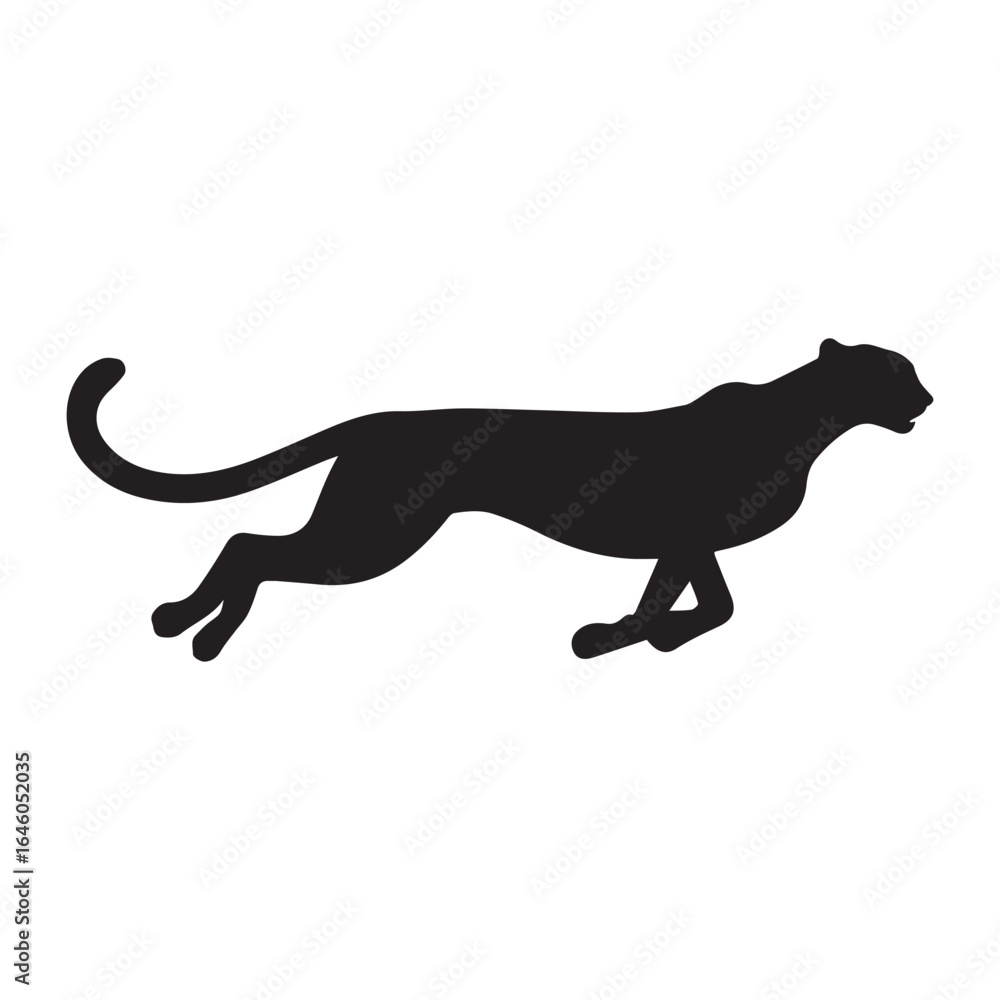 Fototapeta premium Full Black Silhouette of a Cheetah Running at Full Speed with Tail Straight Vector Isolated on White