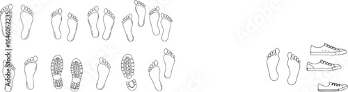 Footprint icon. Human barefoot or shoes footsteps. Foot track silhouettes. Boot and sneaker sole prints. Footwear trail shapes. Leg traces collection. Feet imprint. Vector symbol set