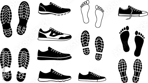 Footprint icon. Human barefoot or shoes footsteps. Foot track silhouettes. Boot and sneaker sole prints. Footwear trail shapes. Leg traces collection. Feet imprint. Vector symbol set