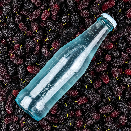 Refreshing soda bottle placed among ripe black mulberries in bright setting