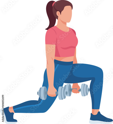 Woman performing a dumbbell lunge exercise, illustration.