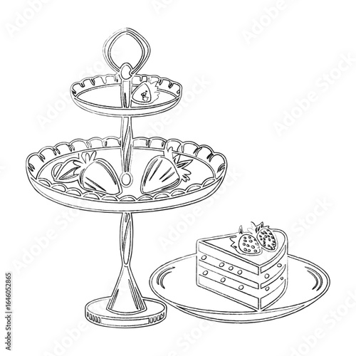 Afternoon tea party sketch. Hand-drawn illustration of a dessert stand with a slice of strawberry cake. Elegant high tea graphic for an invitation or menu.