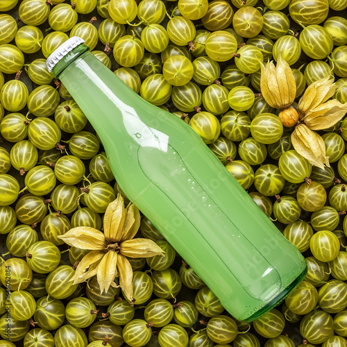 Green glass bottle surrounded by fresh gooseberries and starfruit on a rustic wooden table