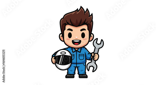 Charming professional automotive mechanic VECTOR illustration, ready with tools and helmet for efficient service, embodying reliability and expertise.