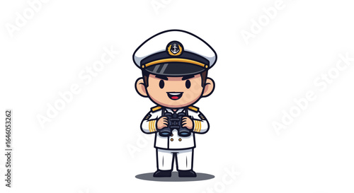 A cute sailor character in a captain's uniform holding binoculars. Professional naval officer mascot concept VECTOR illustration.