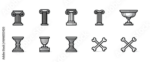 Ancient Civilization Icon Set Featuring Classical Columns Urns and Skull and Crossbones Elements for Archaeology and History Themes Black and White Illustration