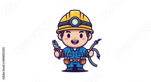 Vector illustration of a cute cartoon electrician mascot holding pliers and cables, perfect for a handyman or TUKANG LISTRIK service logo.