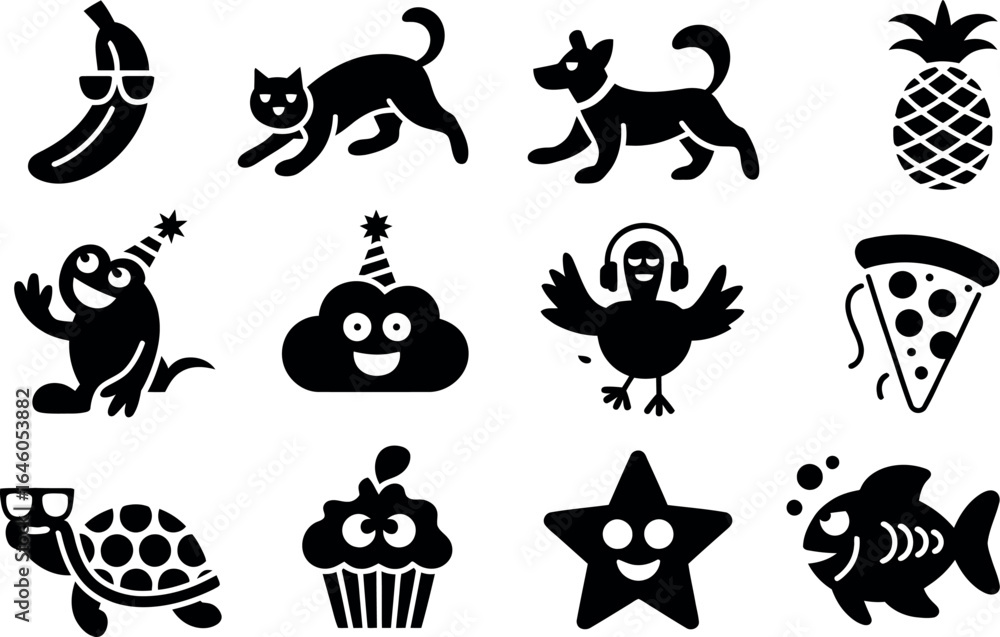 Fototapeta premium Playful Black and White Character Icons: Fun, Cute, and Quirky Designs.