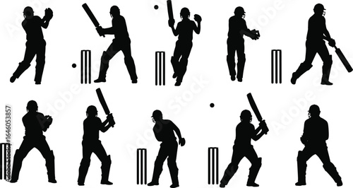 Cricket player silhouettes in various batting, wicket-keeping, and fielding positions with cricket stumps and balls on a white background.