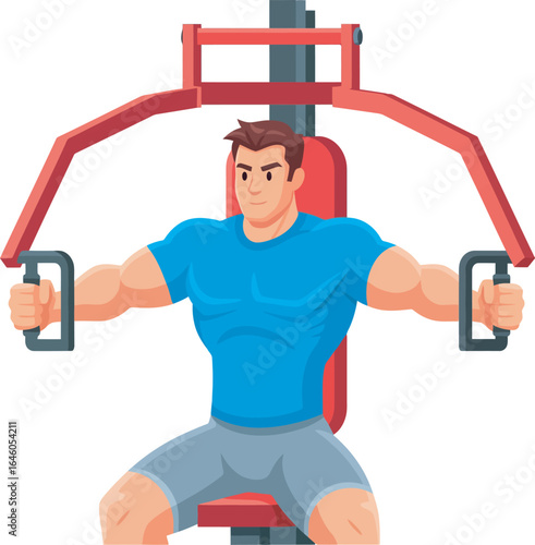 Man using a chest press machine in a gym, exercising his pectoral muscles.