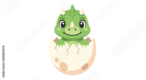 Cute baby dinosaur hatching from egg illustration