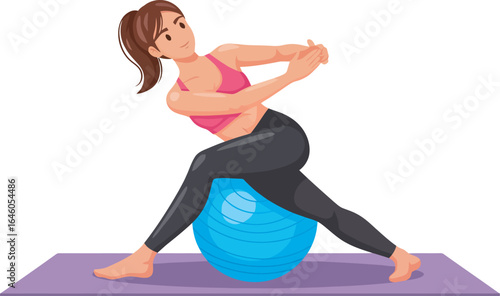 Woman in sportswear doing a seated twist exercise on a blue fitness ball, placed on a purple yoga mat.