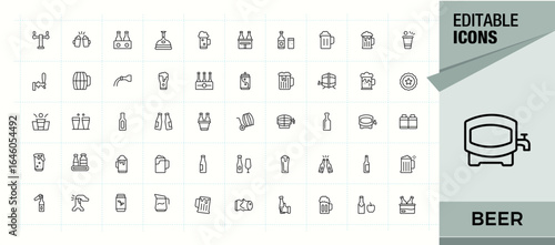 Set of Beer line icon. Containing alcohol, bar, brewery, pub, beverage, drink and more. Minimalist linear icons. Brewer icon set. Editable stroke. Vector illustration.