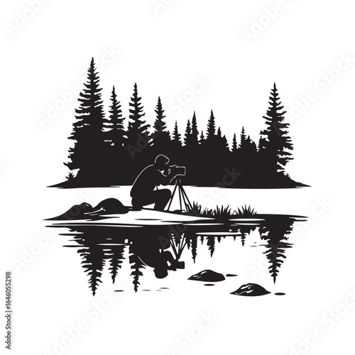Photographer Silhouette Capturing Nature at Lake Edge with Evergreen Trees, Photographer vector Silhouette, Photographer vector illustration on white background