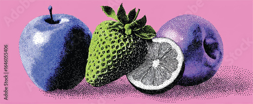 Artistic arrangement of apple strawberry lemon and plum on pink background capturing the essence of summer fruits with unique textural detail and vibrant color contrast