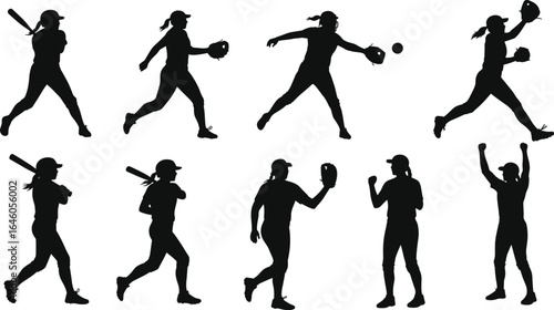 Female softball player silhouette set, batting, pitching, catching, running, celebrating, sports action vector clipart, black figure illustration