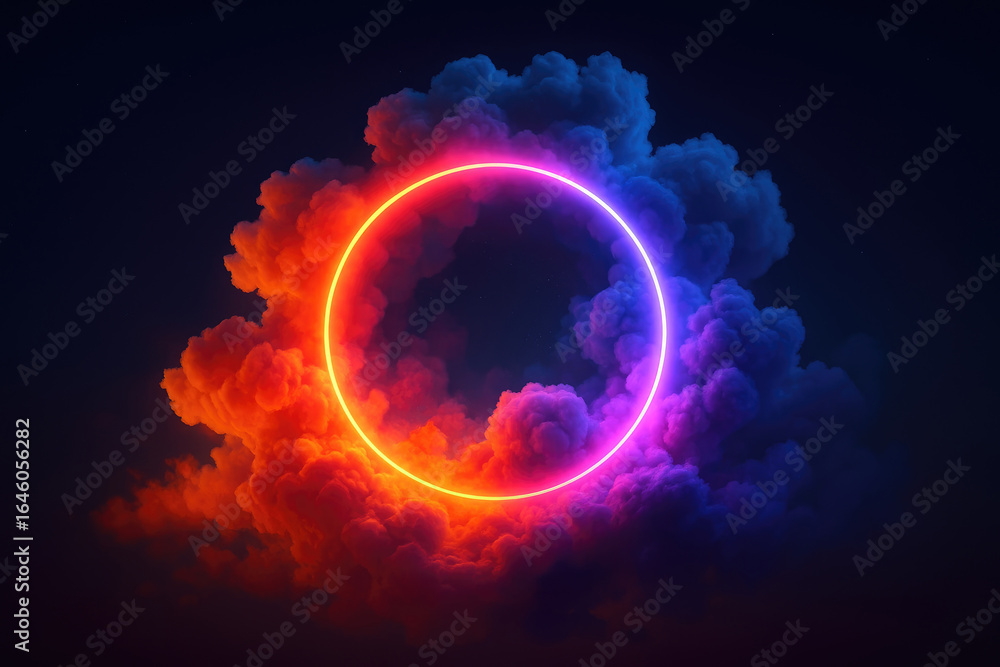 Obraz premium Neon Circle Surrounding Multicolored Smoke Against Dark Backdrop ring glowing