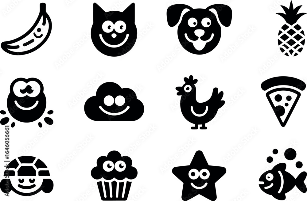 Obraz premium Cheerful black glyph icons: food, animals, and nature.