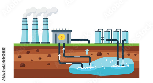 Geothermal energy plant diagram vector illustration
