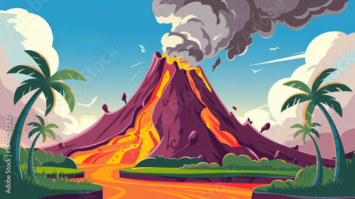 A vibrant illustration of a volcano erupting with flowing lava, smoke, and palm trees under a bright blue sunny sky.