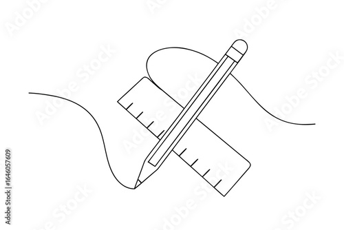 Single line drawing pencil ruler creating a curved line artistic education