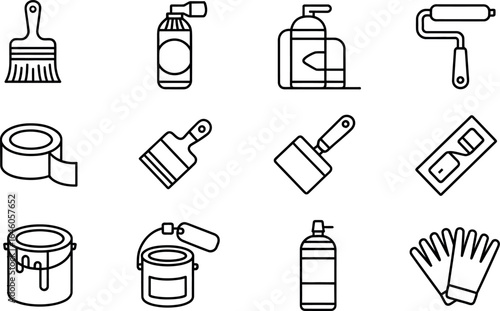 Painting Tools: Line Art Icons, DIY Home Improvement, Simple Minimalist Style