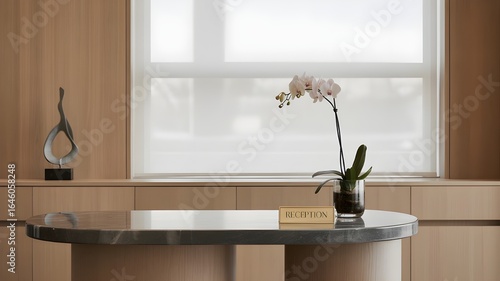 Modern minimalist reception desk with orchid, natural light, and abstract sculpture
