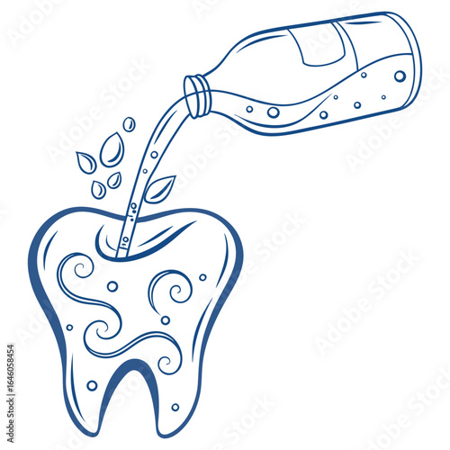 Tooth being rinsed with liquid from a bottle dental