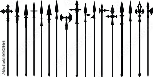 Flat vector illustration of diverse medieval spears and polearms, ancient weapons collection, battle gear silhouettes, historic combat tools