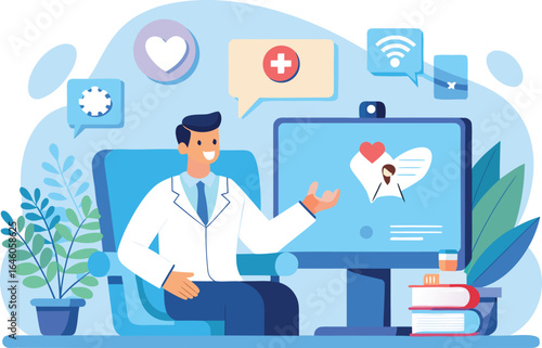Doctor confidently consults patient online, offering modern telemedicine and healthcare solutions virtually