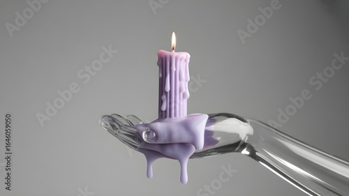 Lavender Dripping Candle Held by Glass Hand: Serene, Minimalist Studio Shot