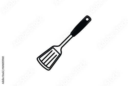 Simple black and white illustration of a kitchen spatula on a plain white background silhouette