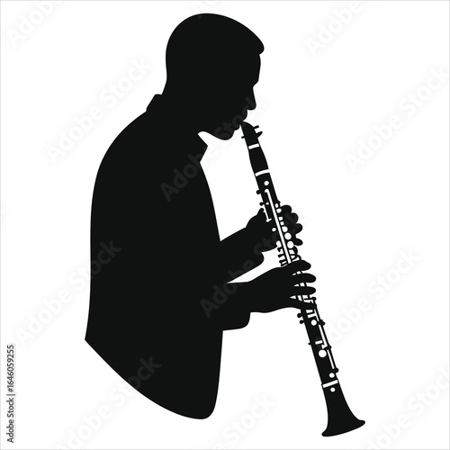 Black silhouette of male clarinetist in suit playing clarinet on white background, elegant woodwind musician profile for classical and jazz concerts, vector music poster, concert promotion