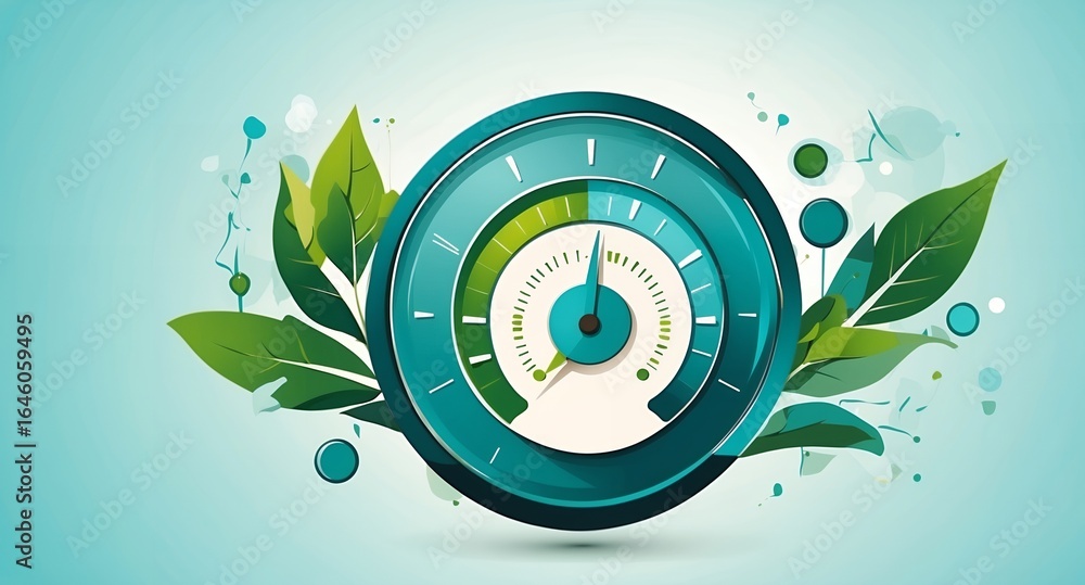 Obraz premium A stylized illustration of a speedometer surrounded by green leaves on a light background