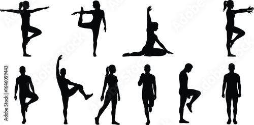 Flat vector illustration of male and female yoga and stretching poses, various body postures for fitness and wellness isolated on white background, healthy lifestyle design.